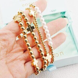 Enewton Gold And White Beaded Stretch Bracelet Set
